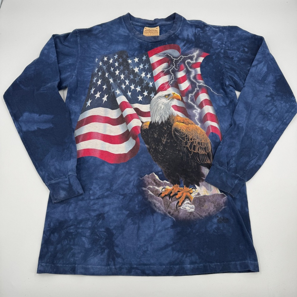 The Mountain Graphic T-Shirt Mens Medium Blue‎ Tie Dye Eagle Flag Long Sleeve